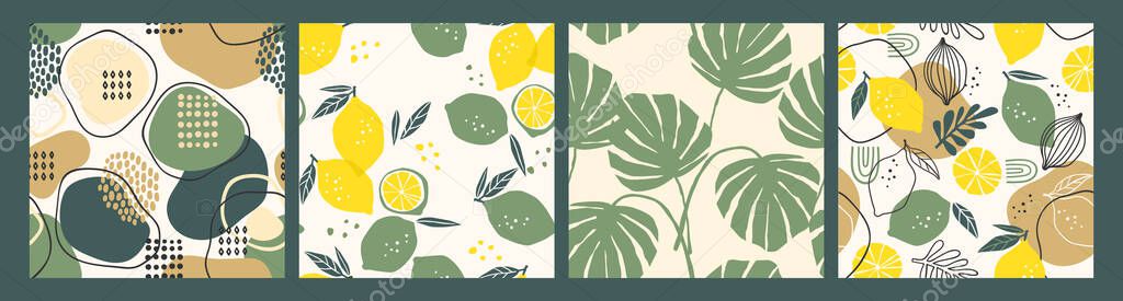 Abstract collection of seamless patterns with lemons, leaves and geometric shapes. Modern design