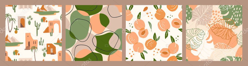Abstract collection of seamless patterns with apricots, landscape, leaves and geometric shapes. Modern design
