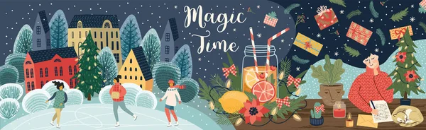 Noel ve Mutlu Yıllar çizimleri seti. Vektör tasarım pankartı.