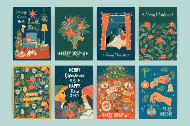 Noel ve Mutlu Yıllar çizimleri seti. Vektör tasarım şablonları.