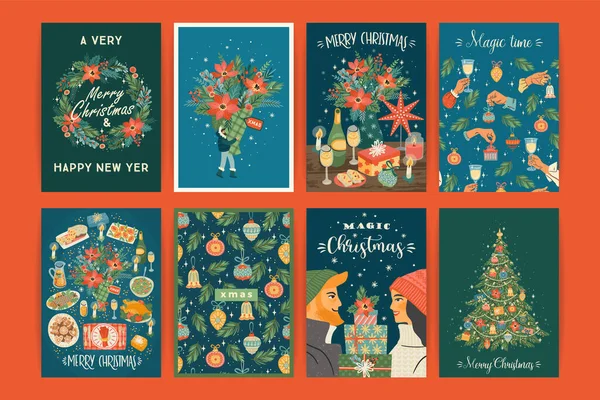 Conjunto de ilustraciones de Navidad y Feliz Año Nuevo. Plantillas de diseño vectorial. — Vector de stock