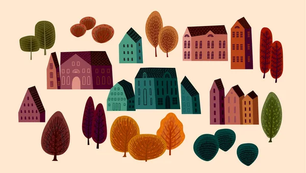 Conjunto de casas lindas y árboles de otoño. ilustraciones vectoriales. — Archivo Imágenes Vectoriales