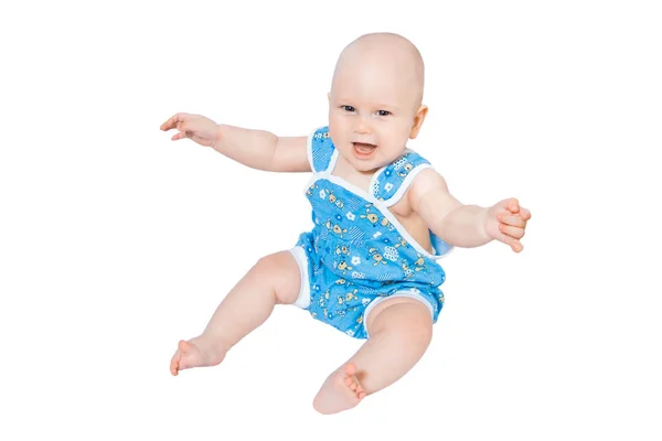 Retrato Seis Meses Idade Bebê Sliders Azuis Fundo Branco — Fotografia de Stock