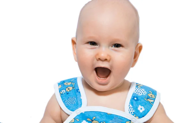Retrato Bebé Feliz Mameluco Azul Boina Sobre Fondo Blanco — Foto de Stock