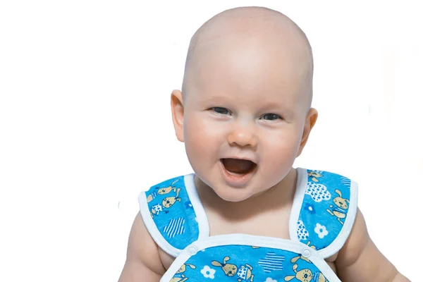 Retrato Bebé Feliz Mameluco Azul Boina Sobre Fondo Blanco —  Fotos de Stock