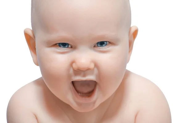 Hermoso Retrato Cerca Bebé Feliz Sobre Fondo Uniforme — Foto de Stock