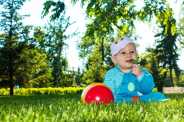 Baby Sitzt Mit Seinem Bunten Ball Auf Dem Weichen Gras — Stockfoto