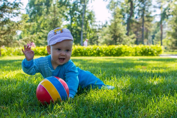 Baby Sitzt Mit Seinem Bunten Ball Auf Dem Weichen Gras — Stockfoto