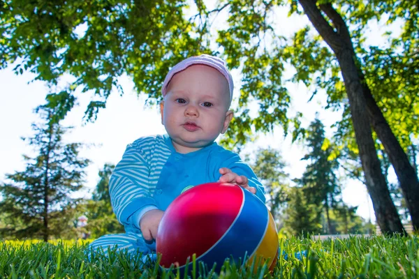 Baby Sitzt Mit Seinem Bunten Ball Auf Dem Weichen Gras — Stockfoto