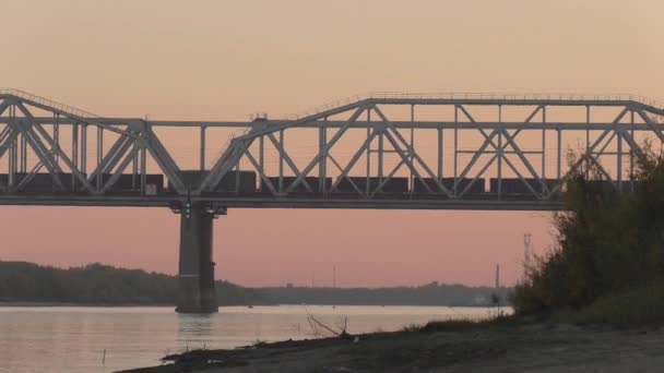 Freight train on the bridge across the river in Siberia in the evening, at sunset. video without color correction — Stock Video