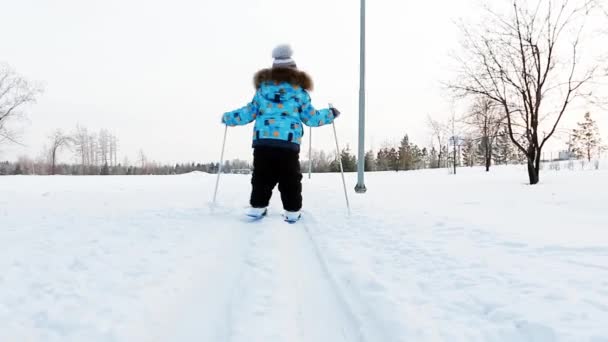 Liten Pojke Tre Lär Sig Att Åka Skidor Staden Park — Stockvideo