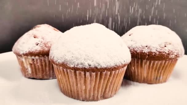 Ароматный торт посыпанный сахарной пудрой. замедленное движение — стоковое видео