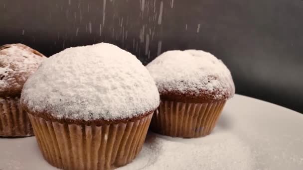 Üzerine pudra şekeri serpiştirilmiş güzel kokulu kek. yavaş çekim — Stok video