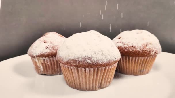 Pachnące ciasto posypane cukrem pudrem. zwolniony ruch — Wideo stockowe