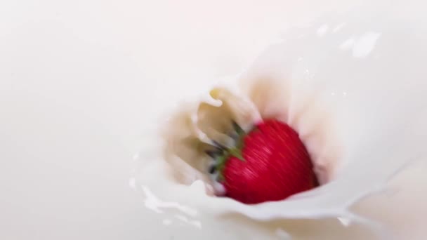 イチゴは繊細なクリームに落ちます。スローモーション — ストック動画