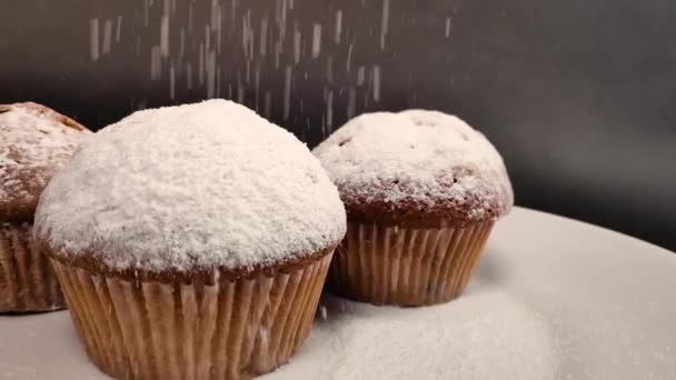 Üzerine pudra şekeri serpiştirilmiş güzel kokulu kek. yavaş çekim — Stok video