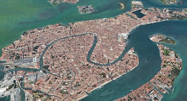 Quadrocopter, Grand Canal, 2019 3D olarak yükseklikten Venedik Italya