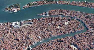 Quadrocopter, Grand Canal, 2019 3D olarak yükseklikten Venedik Italya