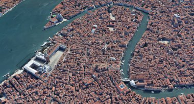 Quadrocopter, Grand Canal, 2019 3D olarak yükseklikten Venedik Italya