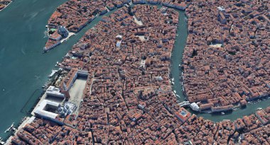 Quadrocopter, Grand Canal, 2019 3D olarak yükseklikten Venedik Italya