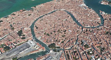 Quadrocopter, Grand Canal, 2019 3D olarak yükseklikten Venedik Italya