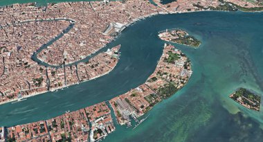 Quadrocopter, Grand Canal, 2019 3D olarak yükseklikten Venedik Italya