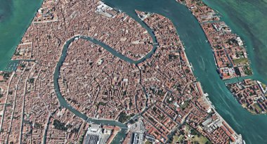 Quadrocopter, Grand Canal, 2019 3D olarak yükseklikten Venedik Italya