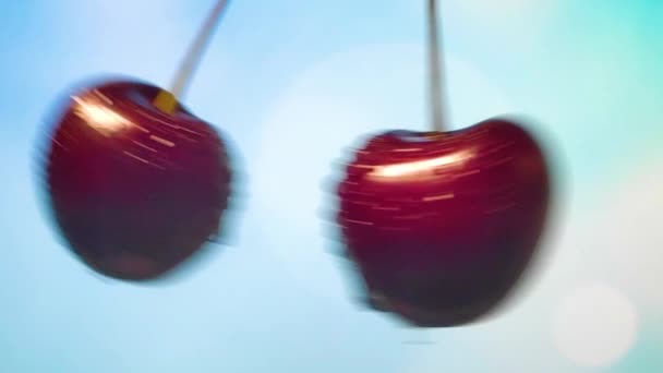 Bayas de cereza cortadas, rociando jugo a los lados. cámara lenta — Vídeo de stock