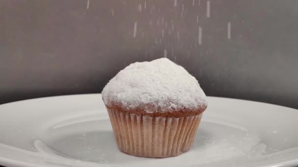 Pastel fragante espolvoreado con azúcar en polvo. cámara lenta — Vídeos de Stock