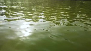 Göldeki suyun yüzeyinde güneş ışığı parlaması var. Şehir gölünün dalgalarında ışığın yansıması