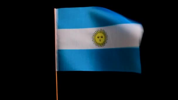 Bandeira Nacional Argentina Poste Madeira Flutters Vento Fundo Preto — Vídeo de Stock