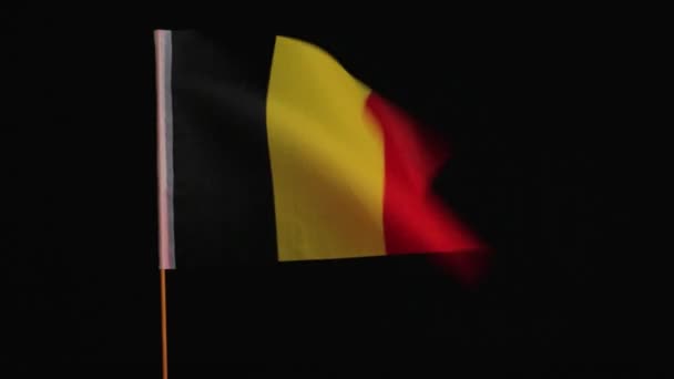 Die Belgische Nationalflagge Auf Einem Holzpfahl Flattert Wind Auf Schwarzem — Stockvideo