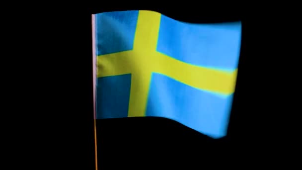 De nationale vlag van Zweden wappert in de wind op een zwarte achtergrond — Stockvideo