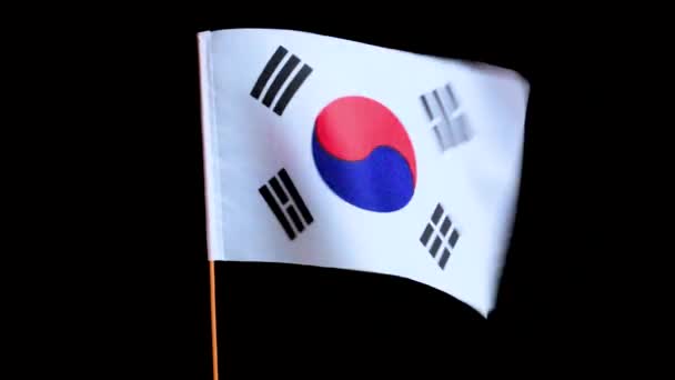 Державний прапор Південної Кореї летить вітром, на чорному тлі. — стокове відео