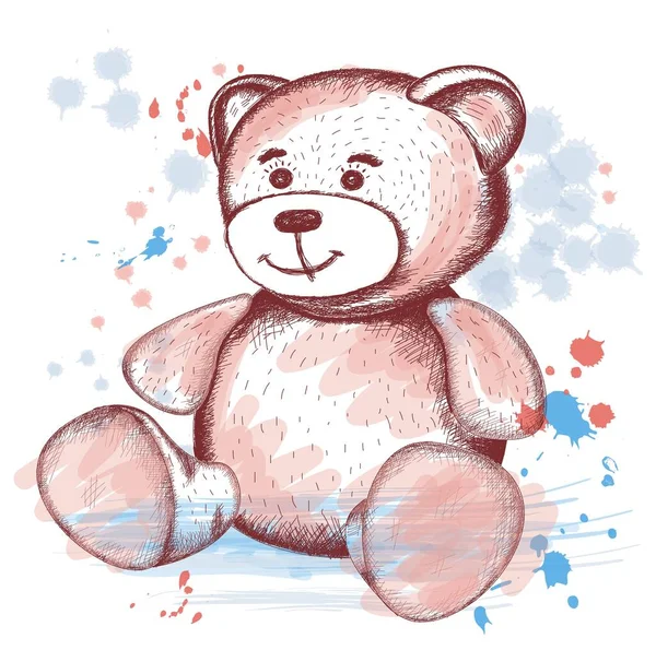 Aranyos Kis Játék Medve Stílusban Kézi Rajz Háttérben Foltok Fröccsenő — Stock Vector