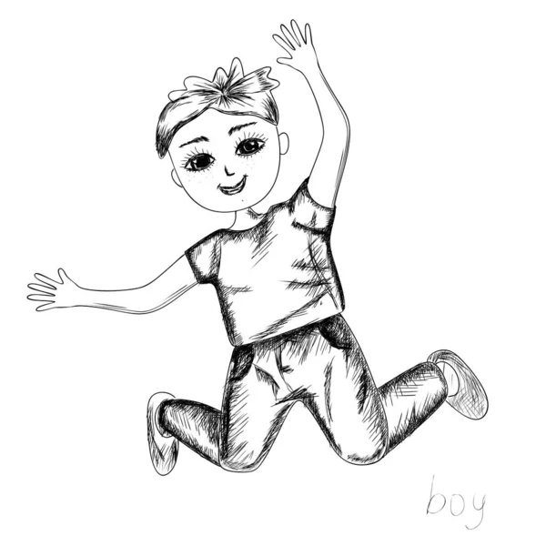Roztomilý chlapeček se usmívá a skáče ve stylu ruční kresby s černými tužkami na bílém pozadí. Izolovaný. Vektor. Skica — Stockový vektor