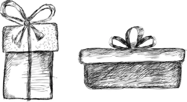 Pequeñas cajas de regalo con lazos en el estilo de lápices dibujados a mano en negro sobre un fondo blanco. Aislado. Vector. Esbozo — Archivo Imágenes Vectoriales