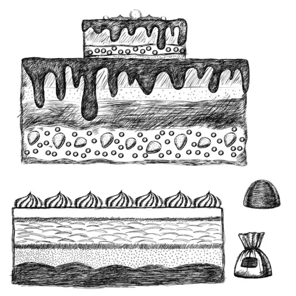 Taart en snoep in de tekenstijl, met de hand getekend op een witte achtergrond. vectorillustratie — Stockvector