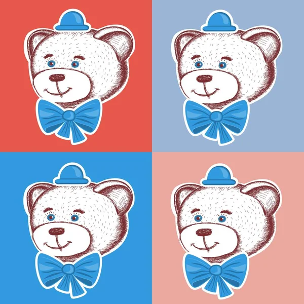 A cabeça de um urso Teddy bonito em um fundo laranja e azul. Arte pop. Esboço. AVC. Desenho manual. vetor — Vetor de Stock