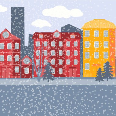 Çok katlı binalarla karla kaplı bir şehir. Kar yağıyor. Şehir caddesinde kış vektör geçmişi. Köy,