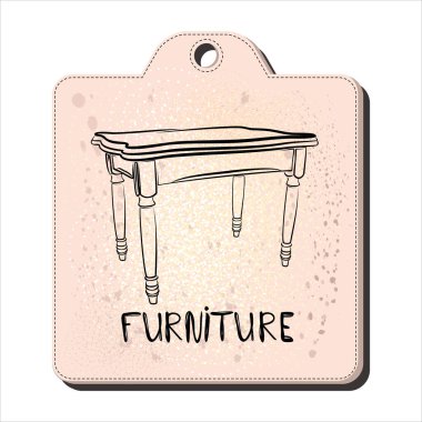 Mağaza satışı için etiketinde oyulmuş bacakları olan güzel bir masa. Masanın resmi olan bir kupon. Doğramacılık. Mobilyalar. vektör illüstrasyonu