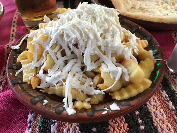 Traditional Fried Potatoes Covered Shredded Feta Cheese Popular Dish Bulgarian — Stock Photo, Image