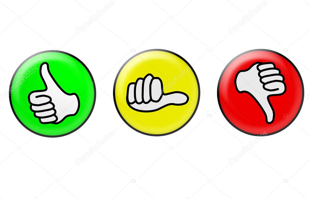 Thumb icon set. Like,dislike and neutral icon. Thumbs up in green, neutral in yellow and thumbs down in red