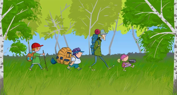 Backpacking tourist kids go through the birch forest cartoon — Stock Vector