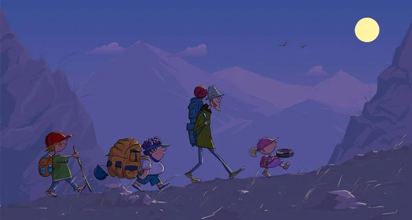 Backpacking τουριστικές παιδιά πάνε μέσα από τα βουνά στο νύχτα κινουμένων σχεδίων — Διανυσματικό Αρχείο