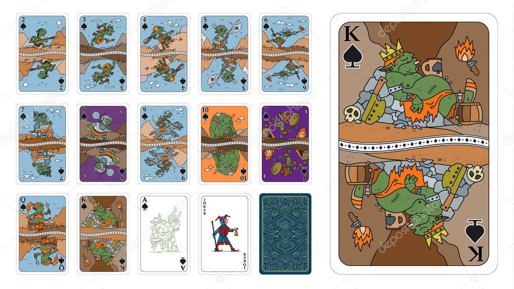 Playing cards in fantasy style Spades as trolls cartoon
