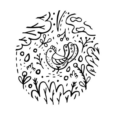 Etnik kuşu çiz. Siyah halk tişörtü için yuvarlak baskı. Çiftlik ambalajı tasarımı, ekolojik ürün, yumurta, et için düz çizgi. Baştan savma vektör amblemi, tavuklu poster. Çizgi film çizimi çizimi
