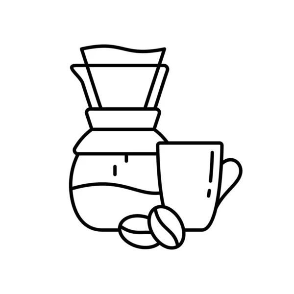 杯子倒在咖啡壶上 放上滤嘴 咖啡豆 新鲜煮过的咖啡 早上喝的黑色咖啡店菜单图标 线条艺术符号 锥形孤立矢量图解 白色背景 — 图库矢量图片