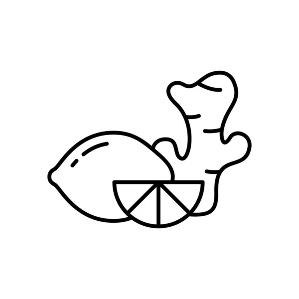 生姜和柠檬柑橘类水果的线形图标 用于泡茶治疗感冒的配料 经典品味的黑色简单例证 回旋矢量 白色背景 包装设计徽章 — 图库矢量图片