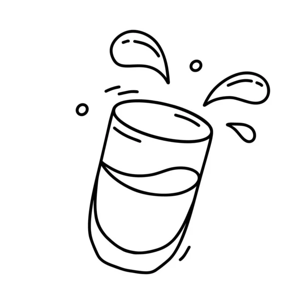ドリンクとドロップでクリアカップを落下 スプラッシュとミルクのガラスの黒い線形アイコン ジュース 乳製品のグラフィックスケッチの紋章 独立したベクトル図を落書き 白の背景 — ストックベクタ